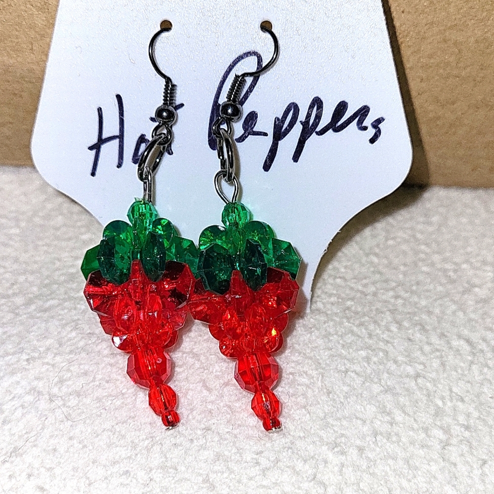 Handmade Beaded Red Hot Chili Pepper Pierced Earrings on French Wires